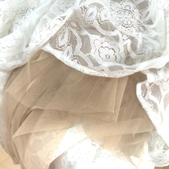 Aakaa Sz S Lace Smocked Dress Cream Ivory Short Sleeve Long Wedding Bridal - Picture 12 of 15